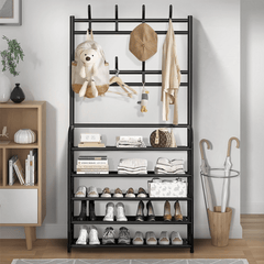 1pc Black Coat Rack Shoe Storage 5 Tiers Metal Stand 8 Hooks Shelves 80Cm Widened for Living Room Bathroom Hallway Office Xmas Gift