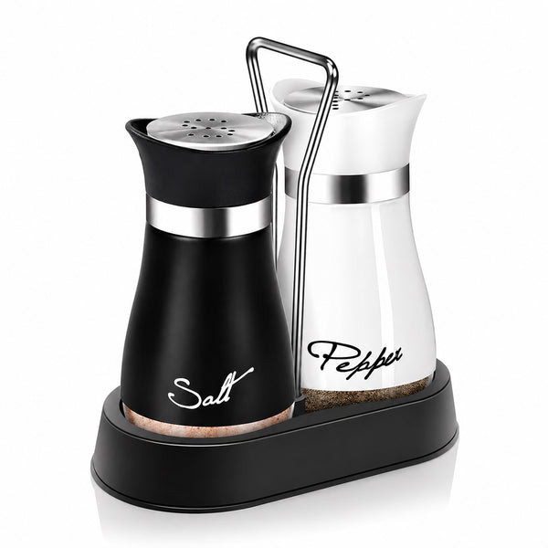 Salt and Pepper Shakers Set with Holder - Stainless Steel Seasoning Containers for Kitchen Counter Dining