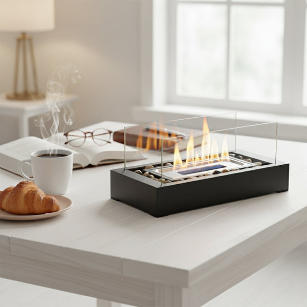 Rectangular Two-pane Glass Fireplace | Black Multi-functional Desktop Warm Stove, Contemporary Style, Metal, No Lighter Device, Suitable for Desktop or Small Space Usage