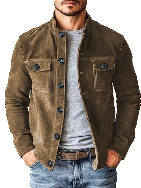 Men'S Casual Velvet Jacket with Pockets, Casual Long Sleeve Stand Collar Button-Up Coat