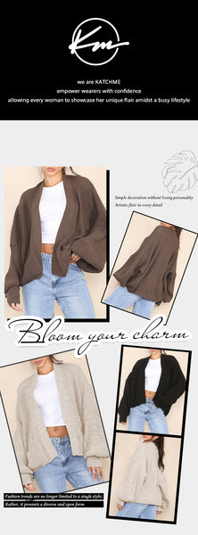 KatchMe Women's Commuter Versatile Balloon Sleeve Knit Short Cardigan ，Casual Knitwear for Lady, Plain Open-Front Side Pocket Womenswear