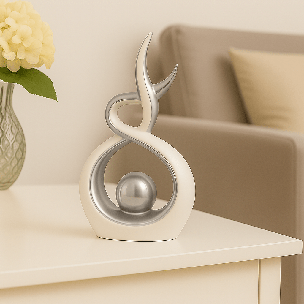 White & Silver Abstract Statue 27.5cm – Modern Ceramic Sculpture for Home, Shelf & Table Décor | Elegant White and Silver Ornament Gift for Living Room, Bedroom & Housewarmings