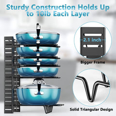 Pots and Pans Organizer, 8 Tier with 3 DIY Methods, Adjustable Rack for Cabinet, Kitchen Organization, Storage and for Pot Lid