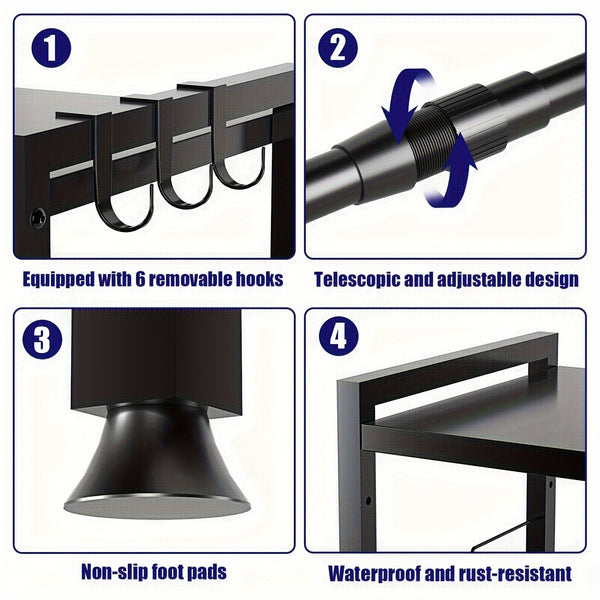 Extendable Black Kitchen Rack: 2 Tier Structure, 40 - 65cm, with 6 Hooks for Microwave Oven Holder, Utility Racks, Utility Racks