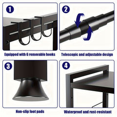 Extendable Black Kitchen Rack: 2 Tier Structure, 40 - 65cm, with 6 Hooks for Microwave Oven Holder, Utility Racks, Utility Racks