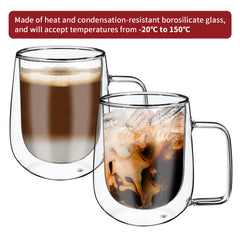 Vinsani Double Walled Coffee Drink Glasses Tea Cup Mug Heat Cold Resistant Aesthetic Clear Borosilicate Glass with Handle Cappuccino Latte Tea Dessert Hot and Cold Drinks