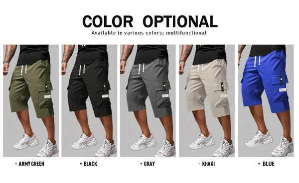 2pcs Men's Cargo Capri Pants with Drawstring Waist, Large Pockets, and Letter Patches for Summer, Fashion Casual Athletic Trousers