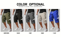 2pcs Men's Cargo Capri Pants with Drawstring Waist, Large Pockets, and Letter Patches for Summer, Fashion Casual Athletic Trousers