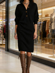 Solid Color Button- Collar Loose-Fit Dress - Straight Tube Mid-Length Dress Suitable for Office, Semi-Formal & Casual Attire - Machine Washable Dress