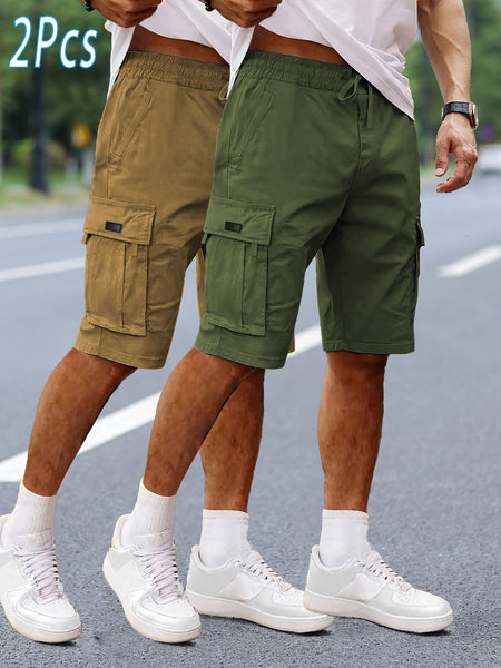 2pcs Men'S Cargo Shorts, Drawstring Waist Multi-Pocket Men'S Shorts
