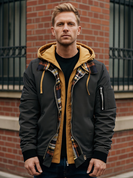 Pearson OBM Men'S Winter New Korean-Style Hooded Jacket, a Casual And Trendy Outerwear, Solid Color, Formal Style, with Zipper Details