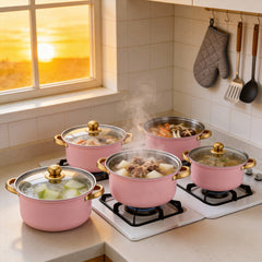 Stainless Steel Soup Pot Set (10PCS), Household Milk and Boiling Pots in Multiple Sizes, Ideal for Soup, Noodles and Hot Pot, Gold-Plated Handle, Pink
