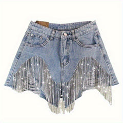 Fashionable Ladies' Shorts, Featuring Worn-out Fringed Chains and Charming Designs.