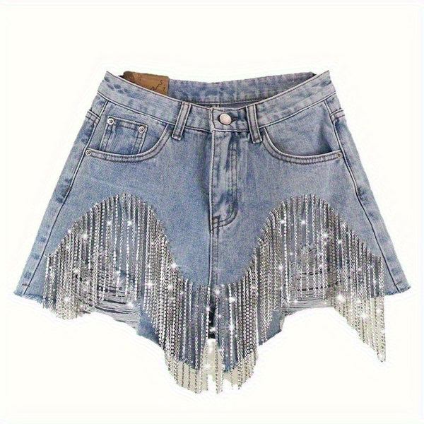 Fashionable Ladies' Shorts, Featuring Worn-out Fringed Chains and Charming Designs.
