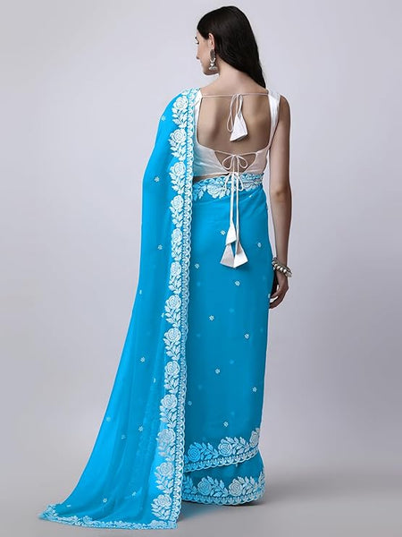 Estationeryhouse Women's Georgette Embroidery Border Work Designer Saree with Blouse Piece