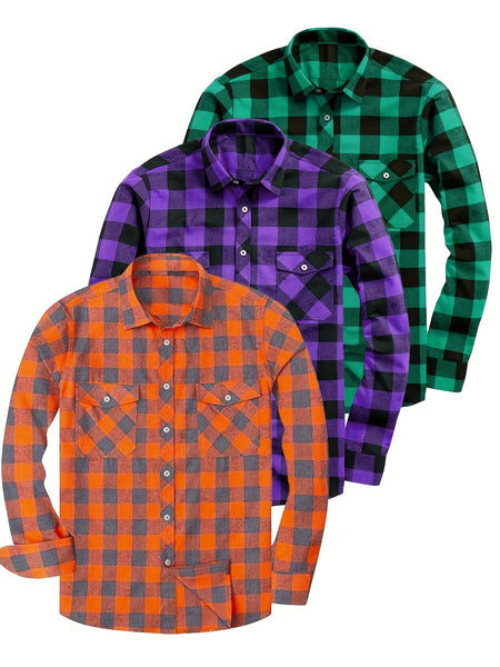 Men's 3pcs Fashion Casual Flannel Plaid Shirts for All Seasons