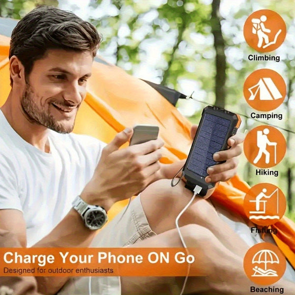 2pcs 20000mAh Portable Solar Power Bank, Portable Solar Mobile Phone Charger, Camping External Battery Charger for Mobile Phones, 2 USB/ LED Flashlights with Compass for Outdoor Activities