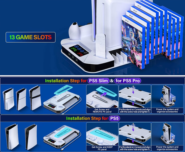 For Ps5/Slim/Pro Cooling Station Stand with Dual Controller Charging Station for Playstation 5 Console, for PS5 Additions Incl. Controller Charger, Cooling Fan, Headset Holder, 3 USB Hub
