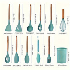 12pcs Silicone Cooking Utensil Set, Non- Stick Tools with Wooden Handles, Includes Storage Box, Kitchen Essentials, Ideal Gift for Mother, Wife, Pink