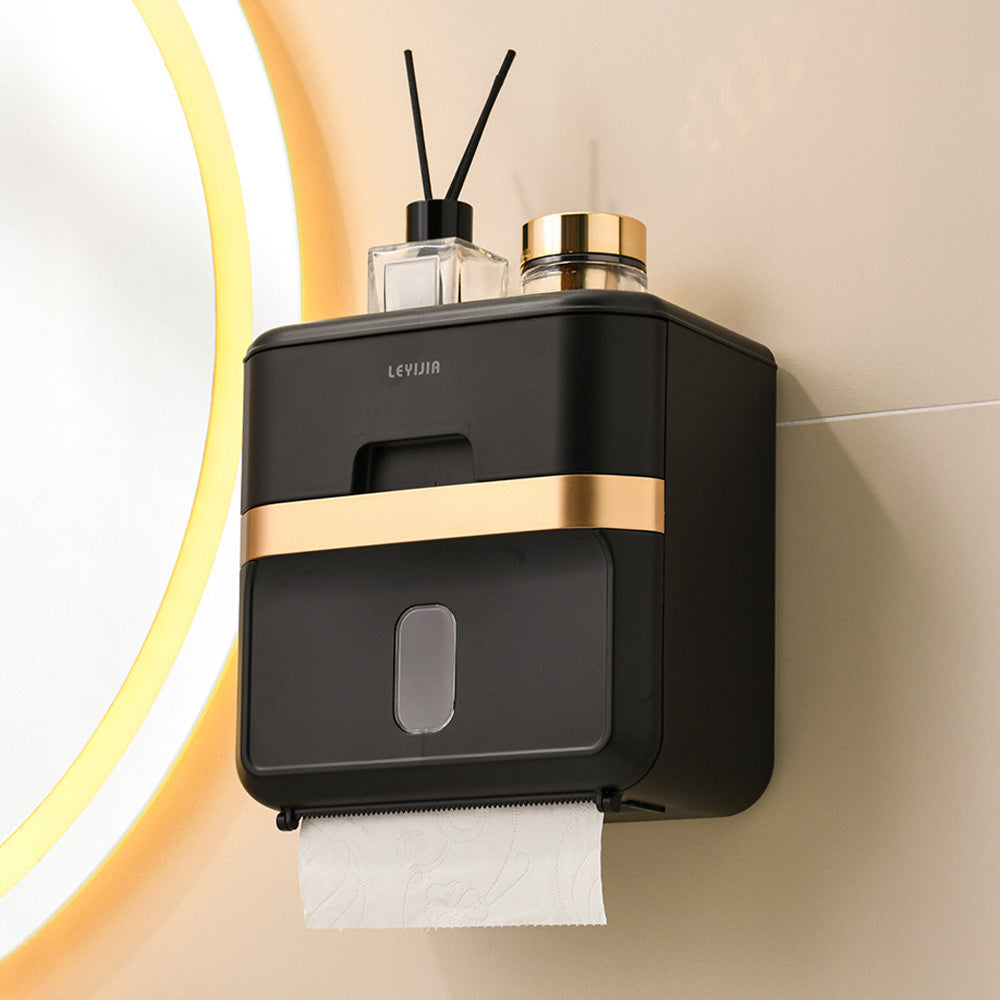 Hole-Free Wall-Mounted Tissue Box for Bathrooms, Waterproof Bathroom Storage Rack, Kitchen Paper Holder, Toilet Roll Holder, Dual-Purpose Tissue/Roll Dispenser, Multi-Functional Tissue Storage Rack, Compact Design, Black, Suitable for Bathrooms, Kitchens,