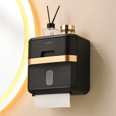 Hole-Free Wall-Mounted Tissue Box for Bathrooms, Waterproof Bathroom Storage Rack, Kitchen Paper Holder, Toilet Roll Holder, Dual-Purpose Tissue/Roll Dispenser, Multi-Functional Tissue Storage Rack, Compact Design, Black, Suitable for Bathrooms, Kitchens,