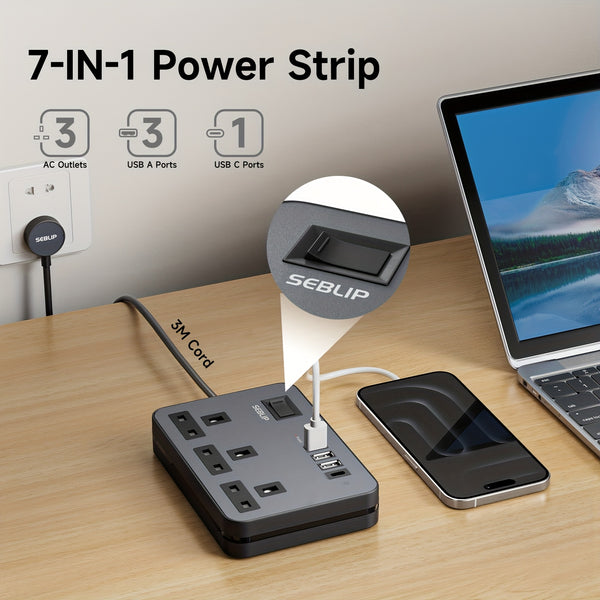 Power Supply 7in 1 Flat Plug Power Socket Outlet Extension Lead, 4 USB Slots Charging Ports Extension Socket, Multi Socket Power Board