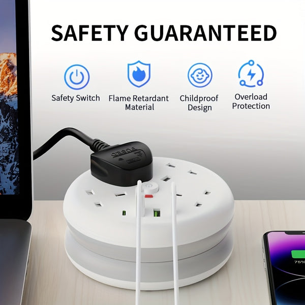 8-in-1 Power Strip Surge Protector/ Power Board/ Extension Socket with 2m Retractable Cord, 3250W, 13A, Portable Power Socket, Overload Protection, 4 AC Power Sockets, 4 USB Ports, Suitable for Home, Kitchen, Office Or Hotel Use.