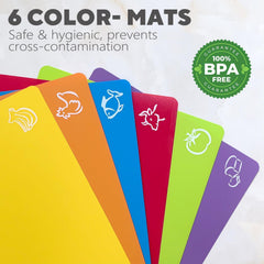 7-in-1 Bamboo Chopping Board Set – Large Wooden Cutting Board with 6 Color-Coded Flexible Mats & Food Icons | Non-Toxic, Dishwasher Safe, Anti-Slip Kitchen Set for Meat, Veg, Fish & Bread