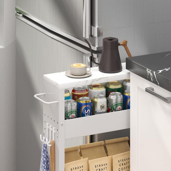 4-Tier White Rolling Storage Cart – Carbon Steel Slim Design with Wheels for Kitchen, Bathroom & Laundry Room Organization, Spice Rack & Condiment Storage, Compact Mobility for Narrow Spaces