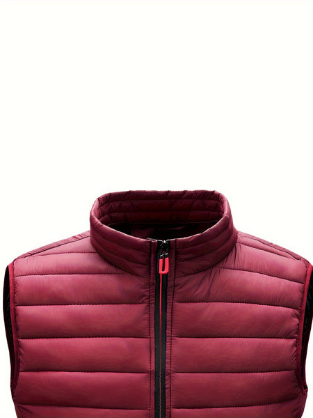 Men'S Lightweight Vest, Men'S Jacket, Autumn And Winter Vest, Stand-Up Collar Solid Color Casual Zipper Pocket Vest
