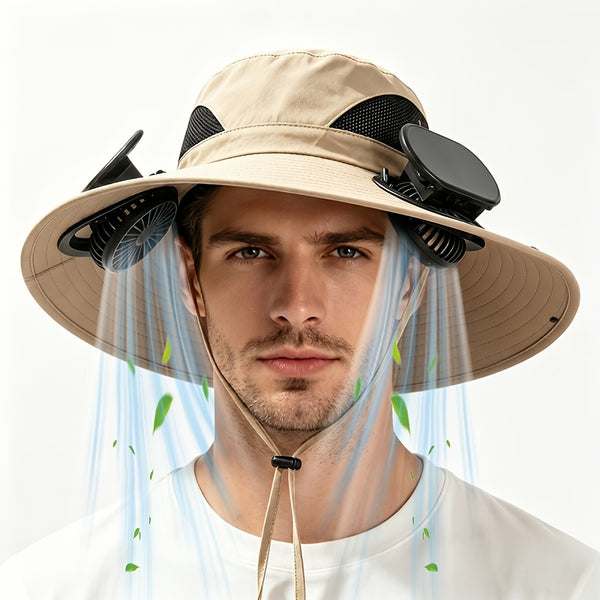 2026 New Summer Outdoor Solar Fan Hat, Dual-Fan Design with a Wide Large Brim, USB Rechargeable And Featuring Long-Lasting Battery Life, Suitable for Camping, Hiking, Fishing And All Kinds of Outdoor Activities