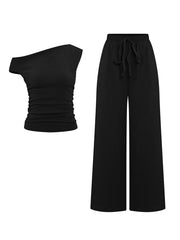 KatchMe Women's 2-Piece Outfit - Sloping Shoulder Top & Wide Leg Pants Set, Shirred Detail Matching Coord, Minimalist Solid Color Two Piece