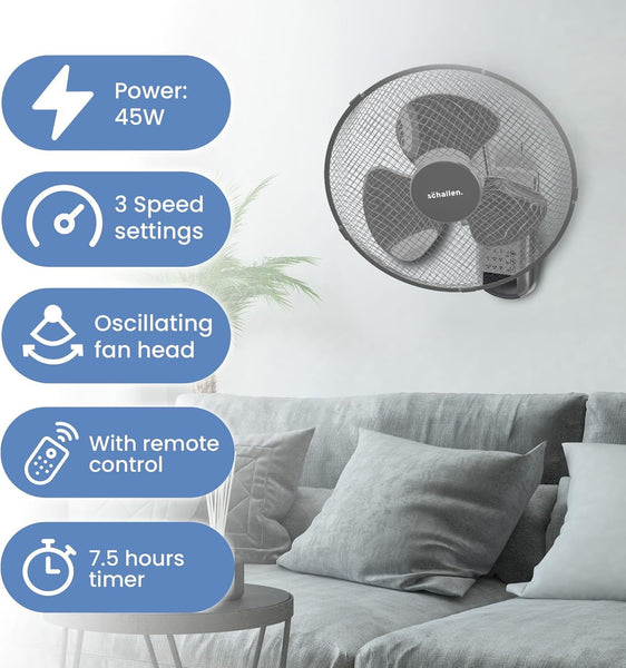 Schallen 16 Inch Wall Mounted Fan with Remote Control, Oscillating Cooling Fan 40cm, 3 Speed Settings, Timer Function, Quiet Wall Fan for Bedroom, Office, Kitchen, Garage, Home Cooling Fan UK, Adjustable Tilt Air Circulator, Energy Efficient Wall Fan Whit