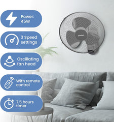 Schallen GREY 16 Inch Wall Mounted Fan with Remote Control, Oscillating Cooling Fan 40cm, 3 Speed Settings, Timer Function, Quiet Wall Fan for Bedroom, Office, Kitchen, Garage, Home Cooling Fan UK, Adjustable Tilt Air Circulator, Energy Efficient Wall Fan