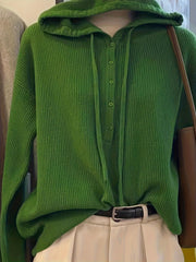 Hooded Button Sweater Cardigan, Spring Autumn Solid Color Casual Simple Open Front Soft Comfortable Elegant Women's Wear