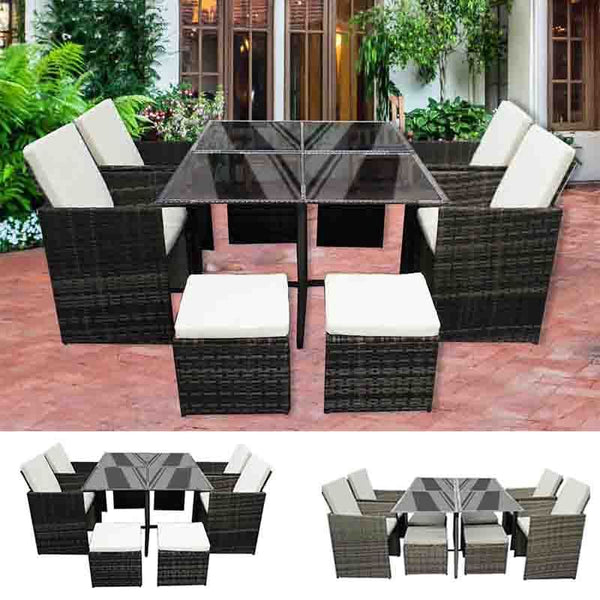 Rattan Garden Furniture Set Cube Dining Table Chair Stool 8 Seater Outdoor Patio