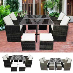 Rattan Garden Furniture Set Cube Dining Table Chair Stool 8 Seater Outdoor Patio