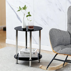 Round Side Table, Glass Sofa Side Table for Living Room, 2-Tier Small Coffee Table with Glass Top and Chrome Legs