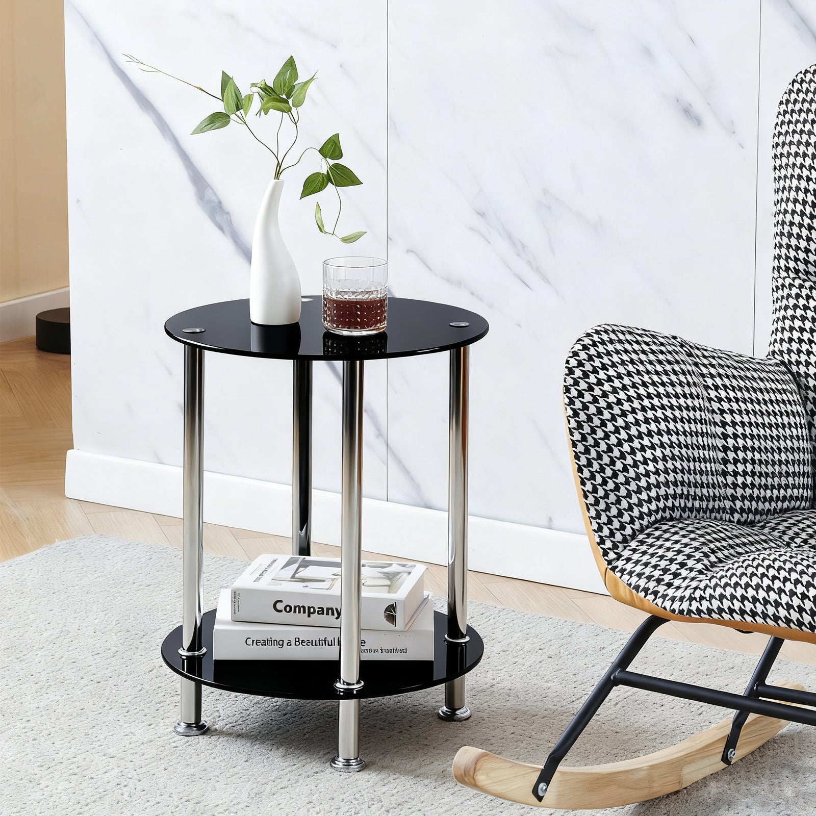 Round Side Table, Glass Sofa Side Table for Living Room, 2-Tier Small Coffee Table with Glass Top and Chrome Legs