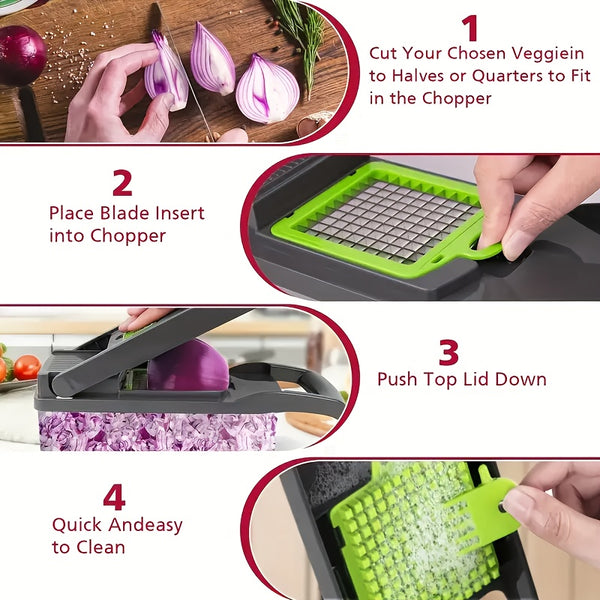 16-In-1 Enhanced Vegetable Chopper, Multi-Functional Vegetable Cutter, Versatile Fruit Slicer, Manual Food Grater with Container, Interchangeable Multi-Blade Onion Chopper, Home Potato Slicing Tool