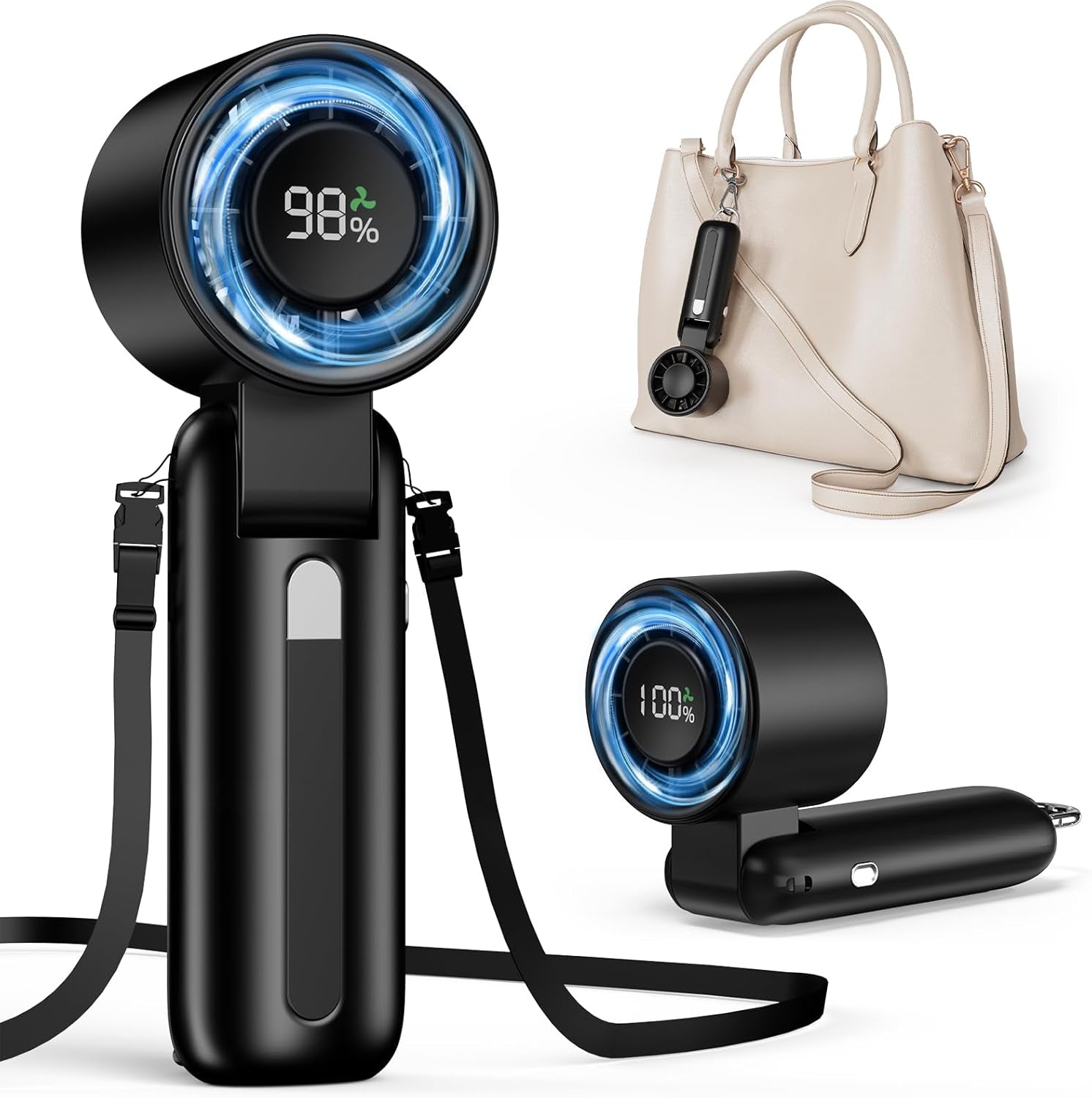 Handheld Fan, 100-Speed Portable Mini Fan with 12800 RPM Strong Airflow, Foldable 4-In-1 Personal Fan for Travel, Beach & Office, USB-C Rechargeable, Lightweight & Quiet (Black)