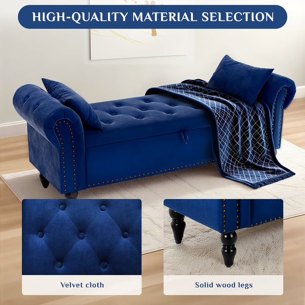 Ottoman Storage Bench, Velvet End Of Bed Storage Box With Lid, Sturdy Wood Legs Footrest, 168KG Load Capacity, Sofa Bench For Bedroom/Living Room, 133x53x46cm (Grey/Blue/Beige)