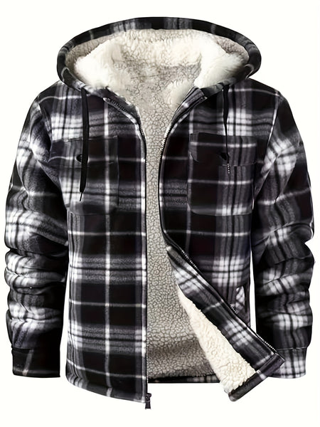 Men's Full-Zip Winter Sports Plaid Hoodie with Sherpa Lining, Warm Hooded Jacket
