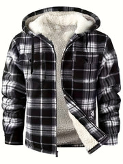 Men's Full-Zip Winter Sports Plaid Hoodie with Sherpa Lining, Warm Hooded Jacket