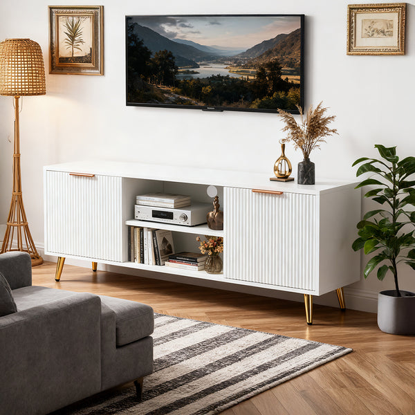 Modern Minimalist Style White Stripes TV Stand 47.2inch Media Unit Storage Cabinet with Open Storage Shelves Entertainment Center for 55 inches TVs Living Room Furniture Cupboard 120cm