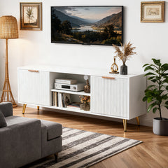Modern Minimalist Style White Stripes TV Stand 47.2inch Media Unit Storage Cabinet with Open Storage Shelves Entertainment Center for 55 inches TVs Living Room Furniture Cupboard 120cm