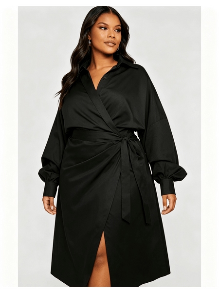 Women Wrap Midi Shirt Dress, Long Sleeve Lapel Side Zip Ruched Split Hem Dresses, Casual Office Party Dress