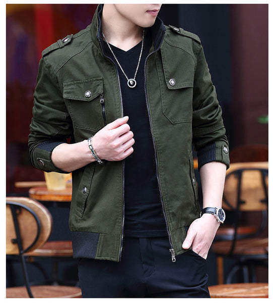 Men'S Solid Color Plaid Lining Cargo Jacket Autumn And Winter Multi-Pocket Design Stylish Long Sleeve Stand Collar Street Jacket Outdoor Coat Locomotive Jacket