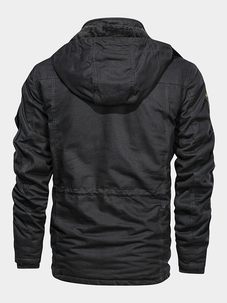 Men's Mid-Length Fleece-Lined Hooded Jacket with Multiple Pockets, Winter Casual Outdoor Workwear Coat