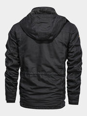Men's Mid-Length Fleece-Lined Hooded Jacket with Multiple Pockets, Winter Casual Outdoor Workwear Coat